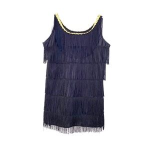 Vintage Fringe Tiered Tunic Camisole Top Black Gold Sequins Trim Flapper Disco M